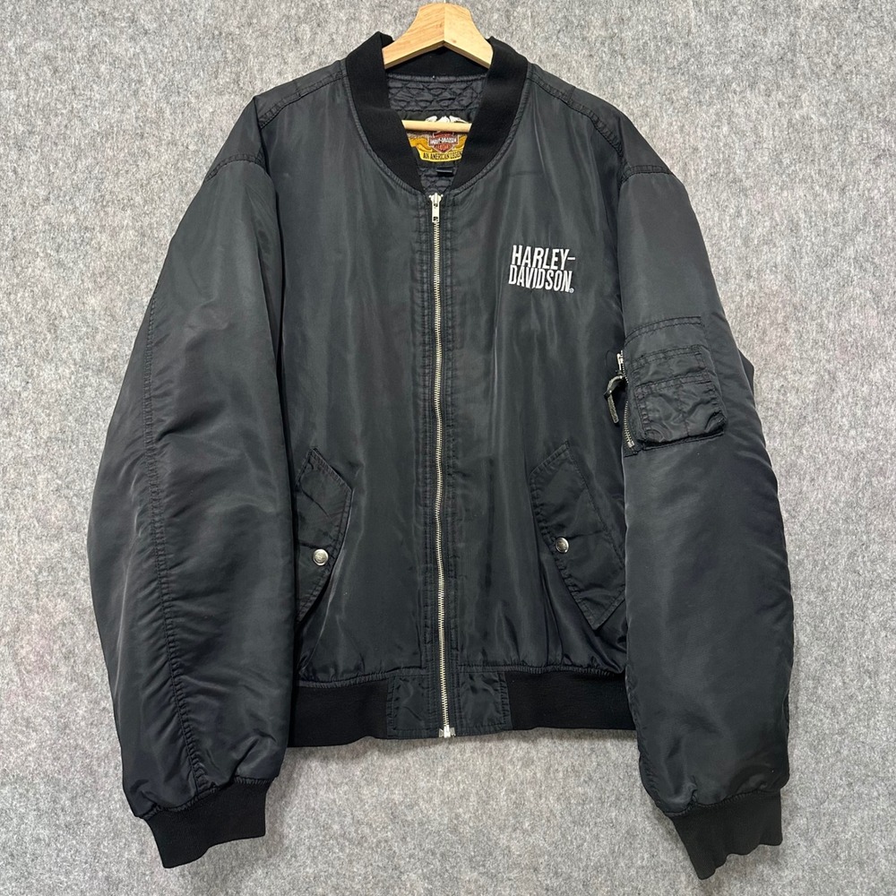 Harley Davidson Bomber Jacket Mens 3XL Black Biker Quilted Logo MA-1 Nylon Zip